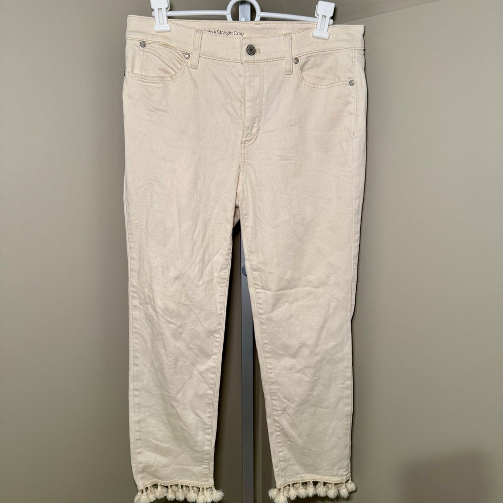 Talbots‎ High Rise Straight Crop Jeans Cream Tassel Hem Size 6